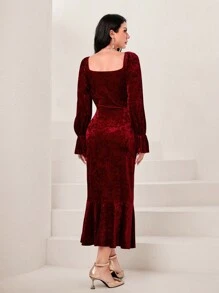 Modelyn Burgundy Red Flounce Sleeve Mermaid Hem Velvet Dress - Burgundy - View 2