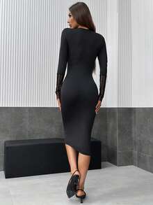 SHEIN Privé Contrast Mesh Bodycon Dress - Black - View 2