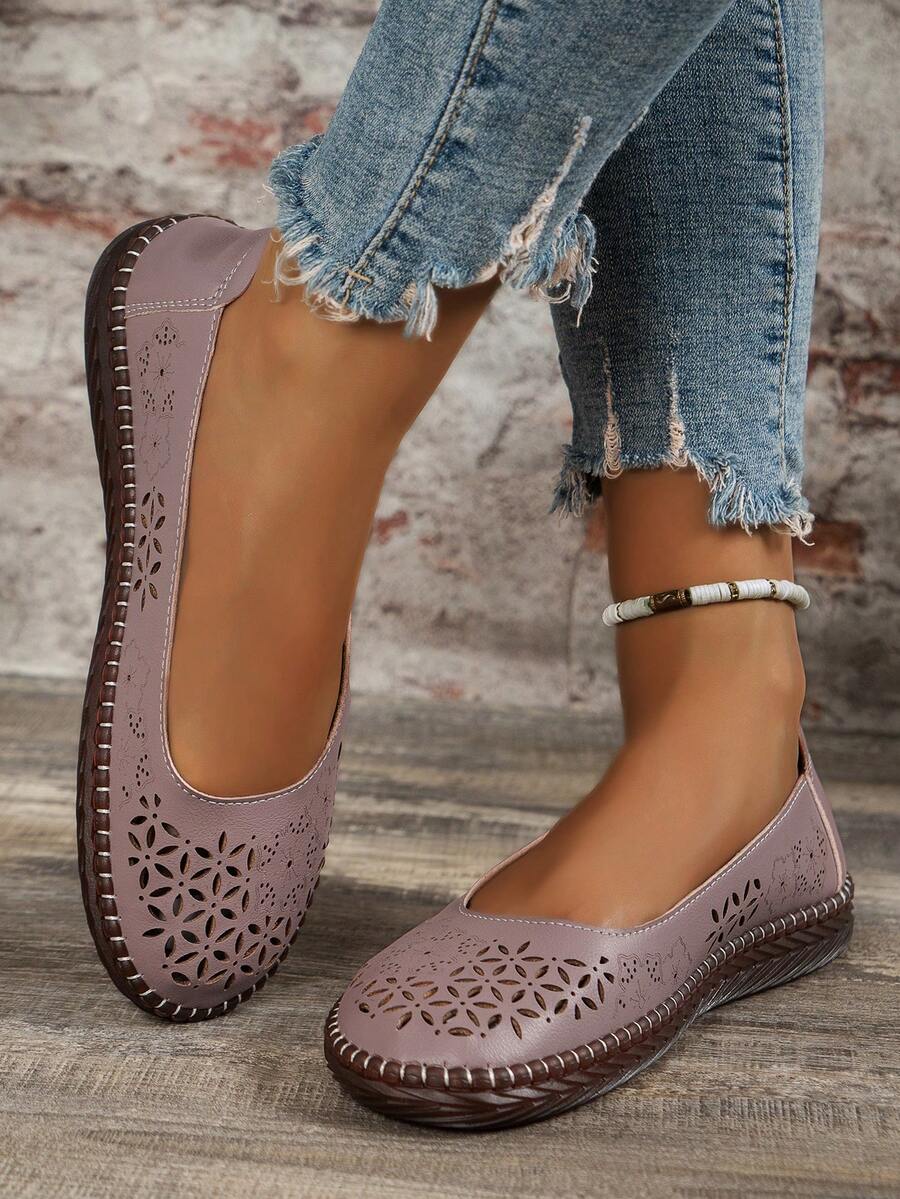 透氣中空女士便鞋,時尚優雅軟底軟面媽媽鞋,舒適休閒平底鞋