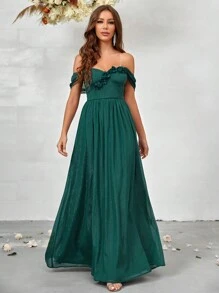 SHEIN Belle Váy cô dâu lệch vai - màu xanh lá - Xem 3