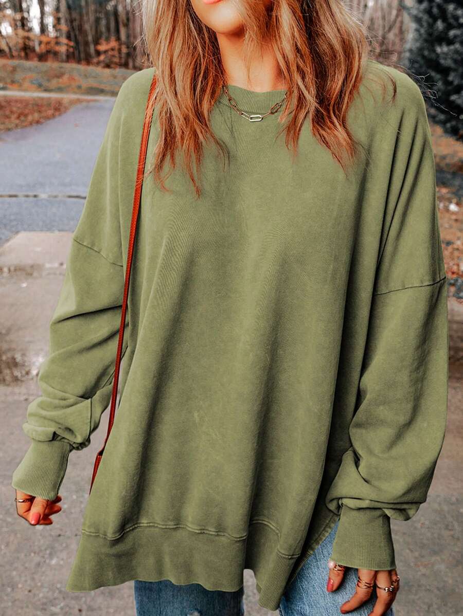 Sudadera holgada con abertura lateral y hombros caídos, casual para primavera/otoño - Verde - Ver 1