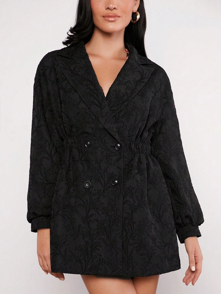 Jacquard Double Breasted Lapel Neck Drop Shoulder Coat
