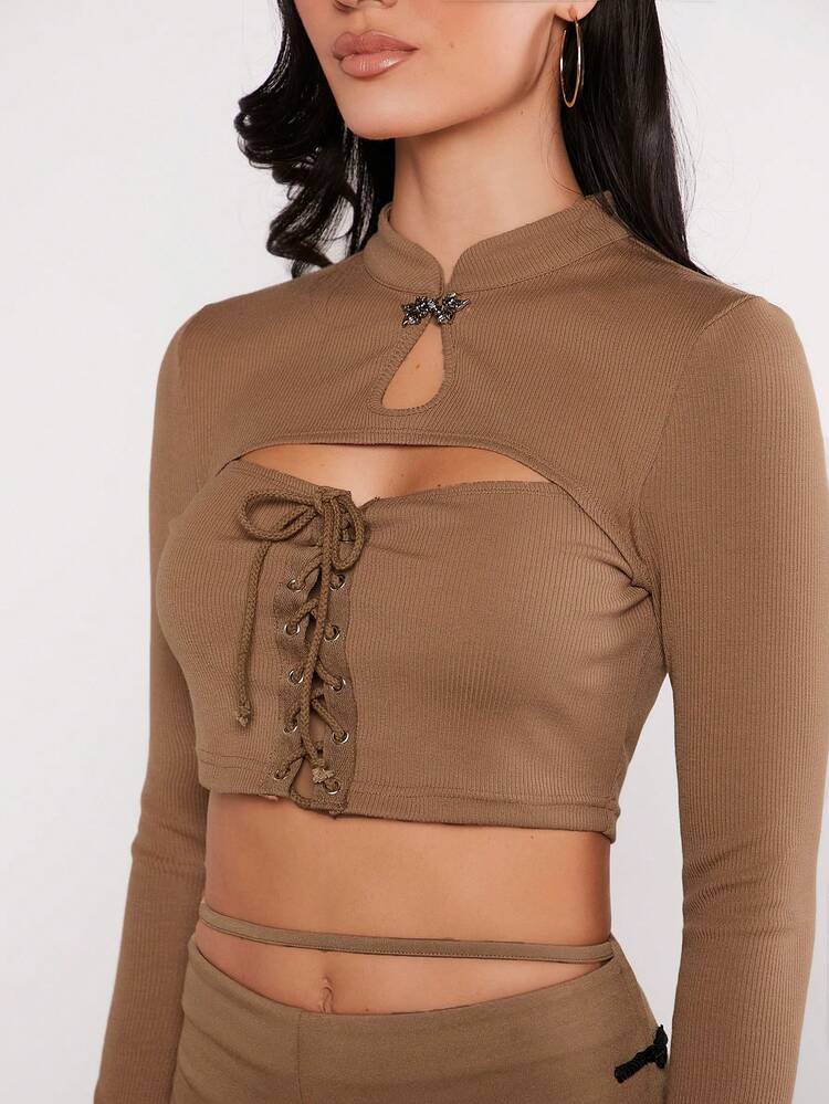 Cut Out Lace Up Front Crop Tee