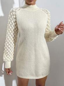 SHEIN Essnce Cổ giả Tay Raglan Đầm Áo len Không có thắt lưng - Màu be - Xem 3