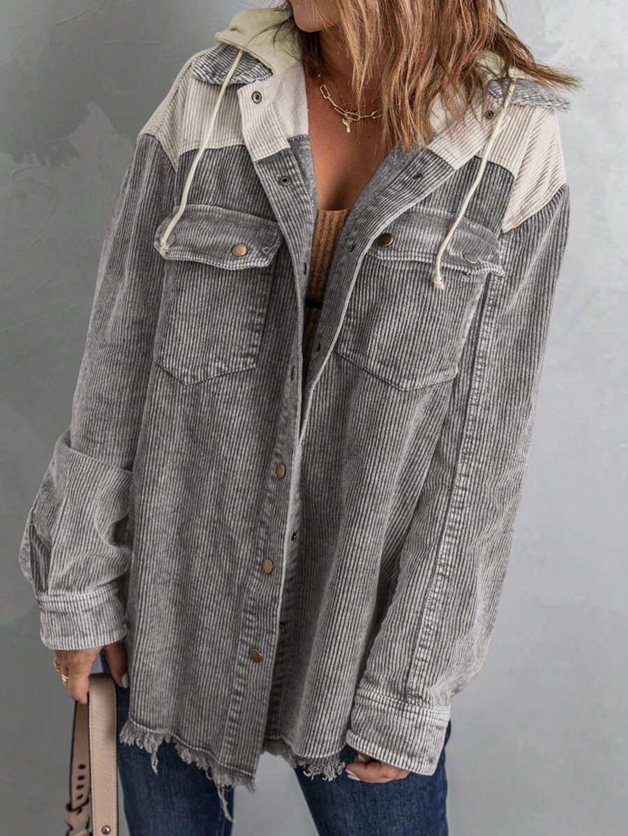 CILKOO 双色抽绳连帽外套，女士休闲宽松抓绒套头衫，带口袋，适合冬季日常穿着 - 灰色 - 查看 1