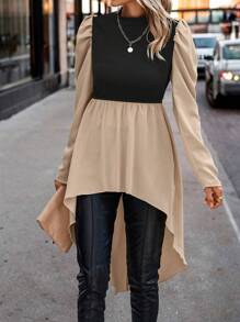 SHEIN Clasi Top 2 en 1 de dos tonos de manga farol bajo irregular - Caqui - Ver 1