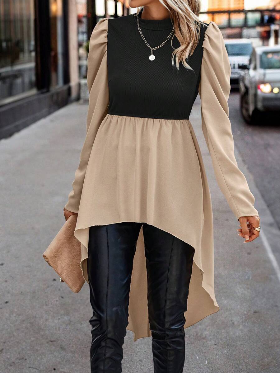 SHEIN Clasi Top 2 en 1 de dos tonos de manga farol bajo irregular - Caqui - Ver 1