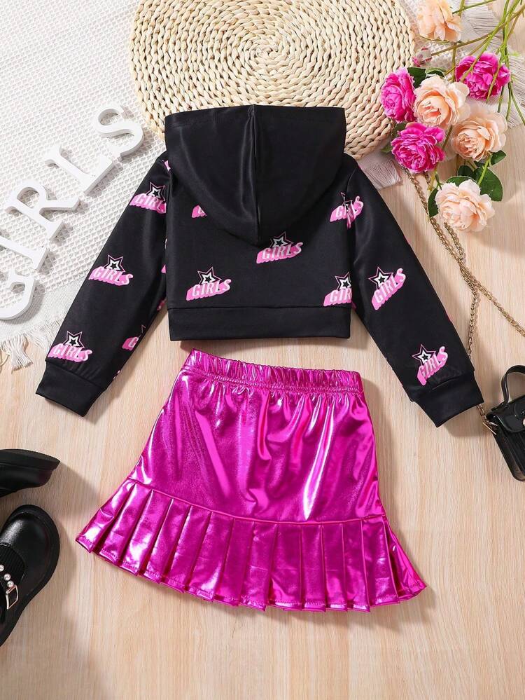 Young Girl Letter & Star Print Hoodie & Ruffle Hem Skirt