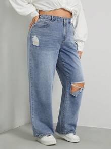 SHEIN EZwear 大碼高腰破洞直筒牛仔褲 - 藍色 - 查看 4