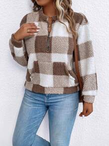 SHEIN LUNE Plus Buffalo Plaid Print Half Zip Teddy Sweatshirt - Coffee Brown - View 1