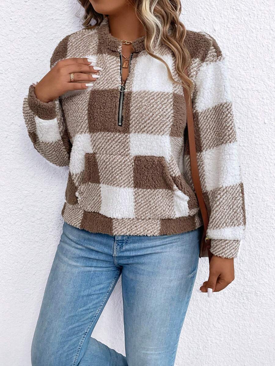 SHEIN LUNE Plus Buffalo Plaid Print Half Zip Teddy Sweatshirt - Coffee Brown - View 1