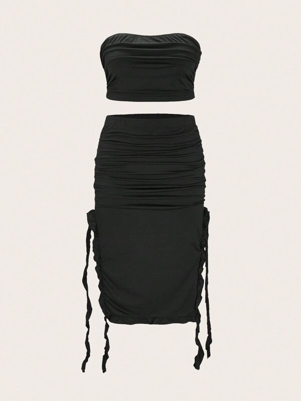 SHEIN Unity Talla grande Top bandeau fruncido & Falda con cordón lateral