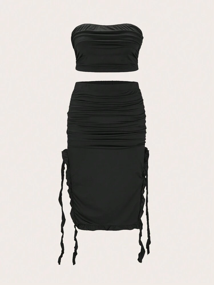 Plus Ruched Tube Top & Drawstring Side Skirt