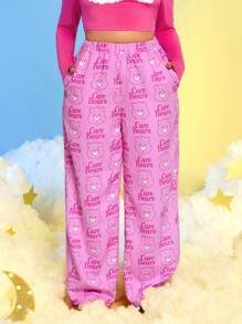 SHEIN X Care Bears Plus Letter Graphic Wide Leg Pants - Pink - View 3