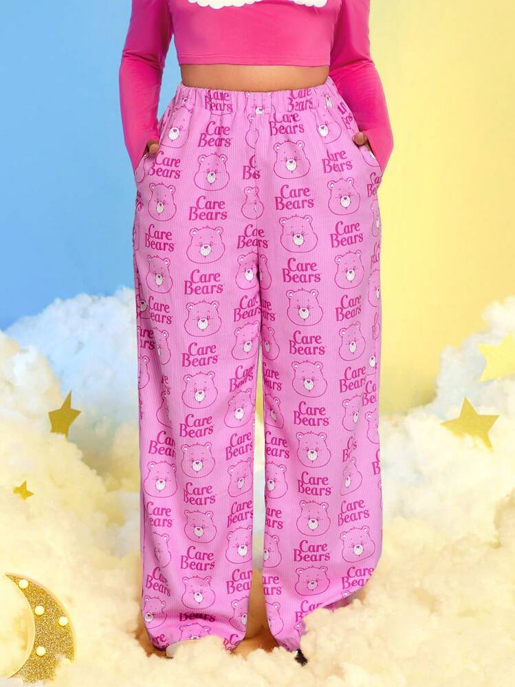 SHEIN X Care Bears Talla grande Pantalones de pierna ancha con estampado de letra - Rosa - Ver 3