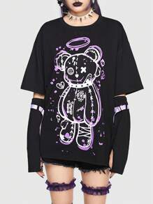 ROMWE Kawaii 卡通圖案落肩T恤 - 黑色 - 查看 2