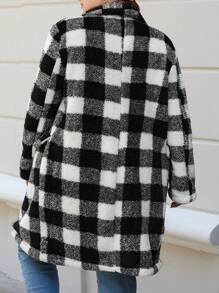 SHEIN Cottnline Plus Buffalo Plaid Pattern Lapel Neck Teddy Coat - Black and White - View 2