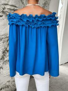 SHEIN Privé Blusa de hombros descubiertos ribete con fruncido de manga farol - Azul - Ver 2