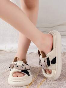 Boy's & Girl's Cute Cow Design Indoor Slippers, Autumn & Winter Cartoon Thick Sole Anti-slip Toddler Bedroom Shoes, Lovely Animal Print Youth Outdoor Sandals