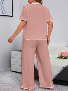 加大对比色绑带纽扣前睡衣套装/睡衣套装女士睡衣套装女士睡衣曲线睡衣 - 藕粉色 - 查看 2