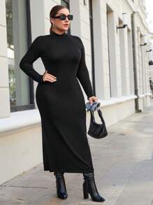 EURMUSE Plus Solid Mock Neck Bodycon Dress - Black - View 5