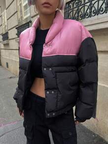 DAZY 双色落肩加厚口袋大衣，女式冬季大衣夹克 - 黑色 - 查看 5