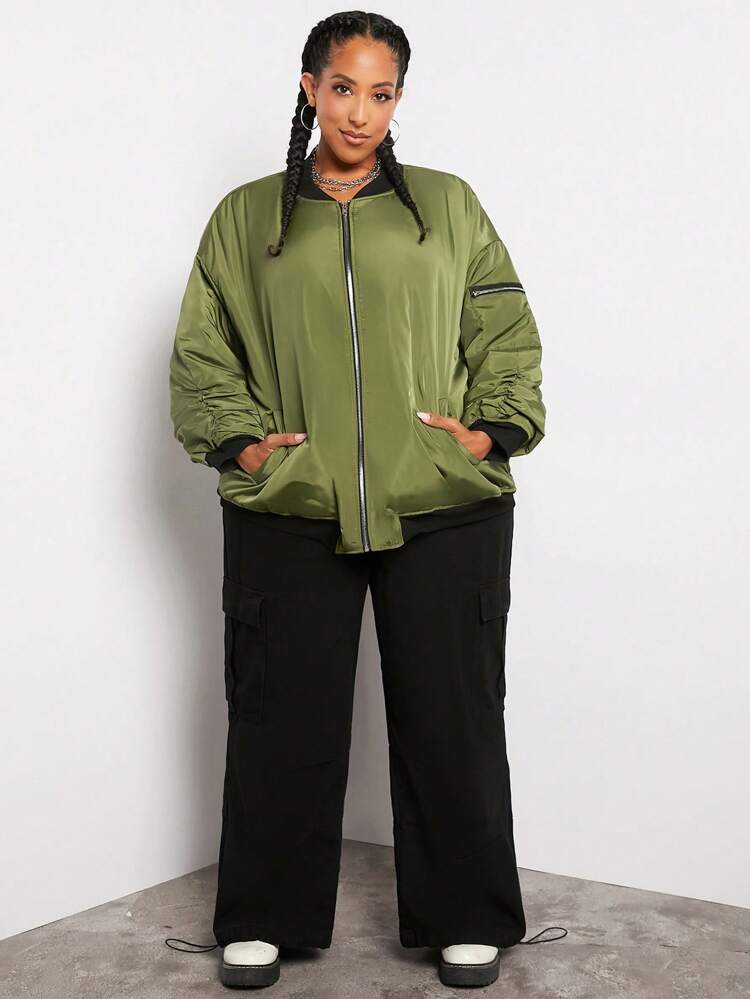 Plus Size Zip Up Drop Shoulder Padded Coat