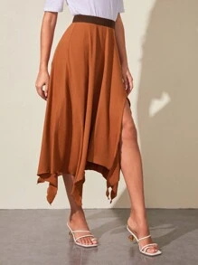 SHEIN Clasi Solid Contrast Waist Hanky Split Thigh Skirt