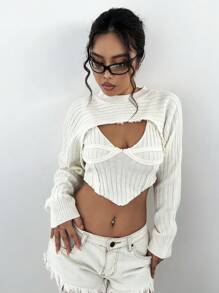 SHEIN Unity Jersey súper crop & Top tejido de tirantes ribete en forma de lechuga - Blanco - Ver 3