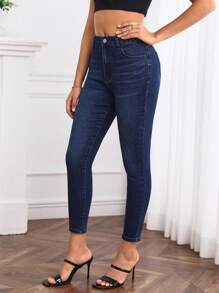 SHEIN Privé Cao eo Gầy Quần skinny Quần jean - Rửa tối - Xem 4