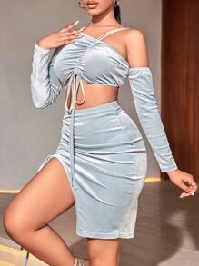 Zolique 不對稱領口抽繩短款上衣和開衩大腿裙 - 銀色 - 查看 3