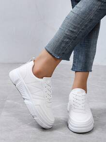 休閒平底滑板鞋防滑女鞋時尚透氣厚底運動鞋 - 白色 - 查看 2