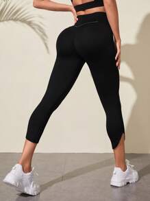 Easithlete Reflective Back Wide Waistband Capri Sports Leggings - Black - View 3