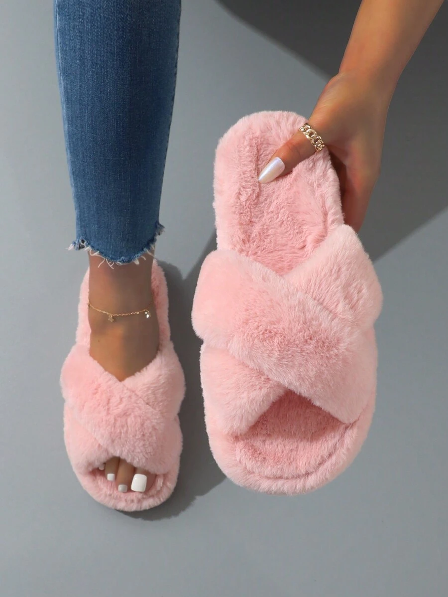 女性長毛絨防滑拖鞋 - 粉色 - 查看 1