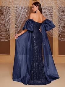 YISIKADO Off Shoulder Contrast Sequin Formal Dress - Navy Blue - View 2