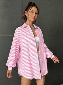SHEIN EZwear Striped Print Drop Shoulder Shirt - Pink - View 4