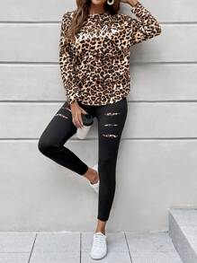 SHEIN LUNE Leopard Print Tee & Ripped Leggings - Multicolor - View 2