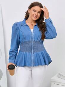 SHEIN LUNE Plus Zip Up Shirred Peplum Denim Jacket - Light Wash - View 6