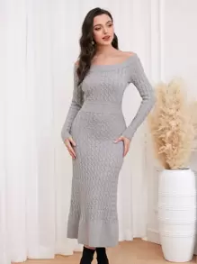 Modelyn 一字肩魚尾裙下擺麻花編織毛衣洋裝 - 灰色 - 查看 1