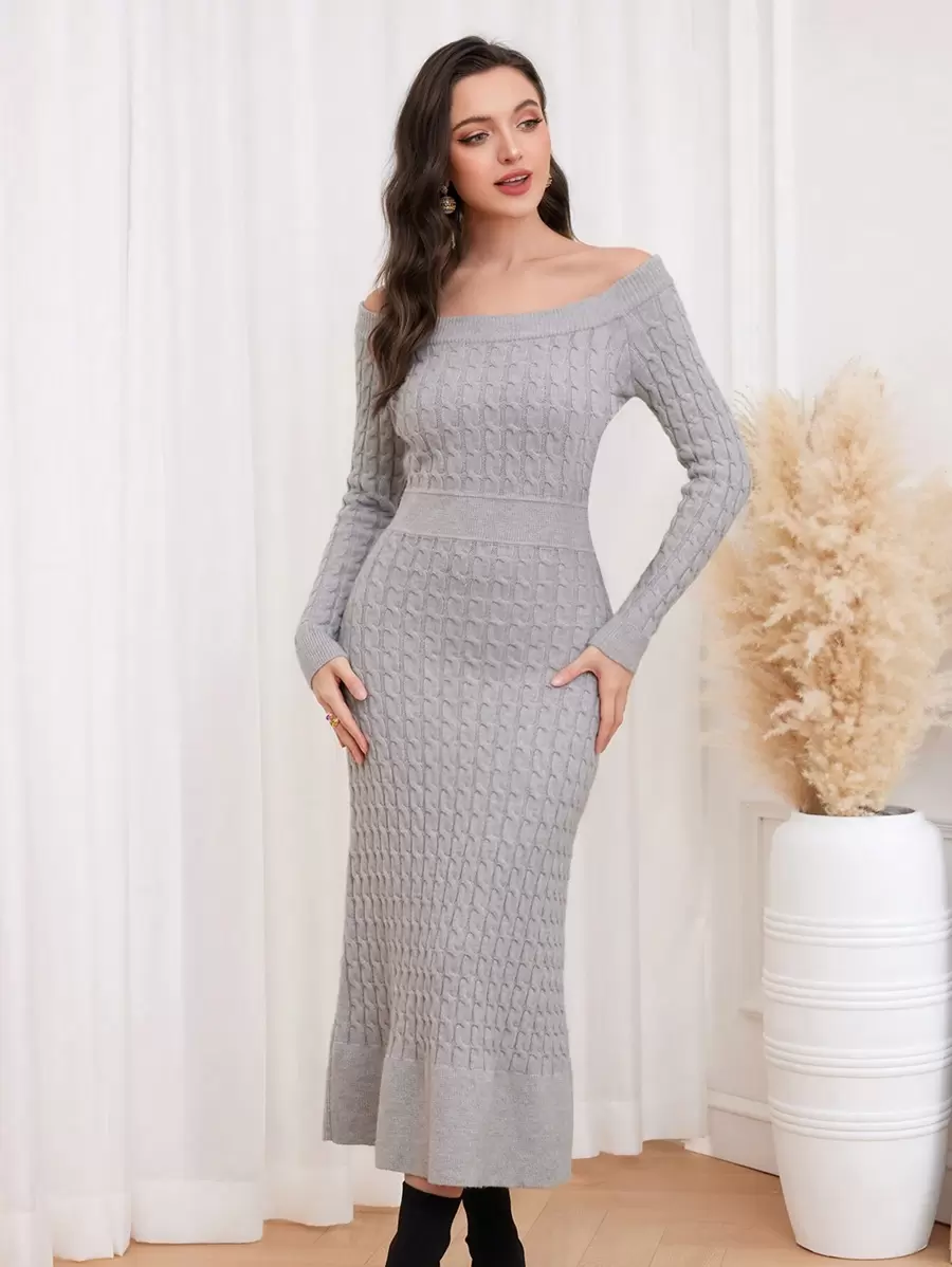 Modelyn 一字肩魚尾裙下擺麻花編織毛衣洋裝 - 灰色 - 查看 1