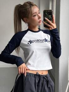 DAZY Camiseta con estampado de letra de manga raglán - Blanco - Ver 7