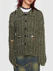ROMWE Grunge Punk Space Dye Drop Shoulder Cardigan - Green - View 5