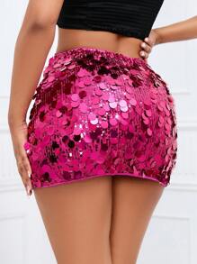 BamGleam Sequin Bodycon Skirt For New Year Holiday Party Mini Skirt - Red - View 2