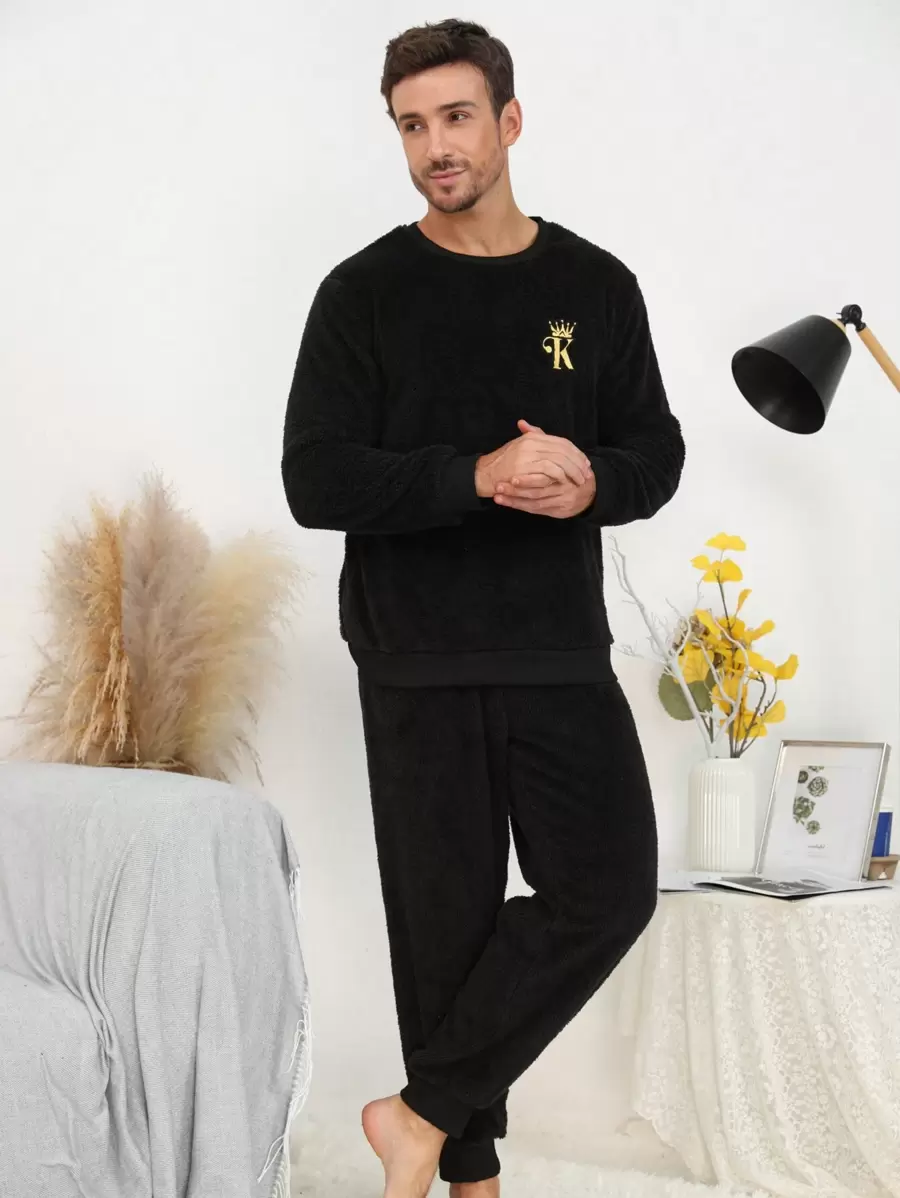 Men Crown Embroidery Flannel PJ Set / Pajama Set - Black - View 1