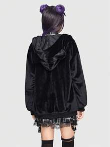 ROMWE Kawaii Cross Embroidery Letter Graphic Drawstring Zip Up Velvet Hooded Jacket - Black - View 3