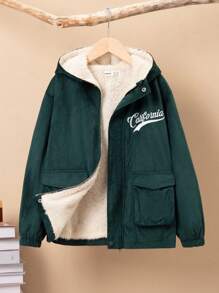 SHEIN 男大童字母刺繡翻蓋口袋加絨內裏連帽外套 - 綠色 - 查看 7
