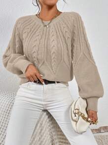 EMERY ROSE Solid Cable Knit Lantern Sleeve Knit Pullover Fall Winter Sweater - Apricot - View 6