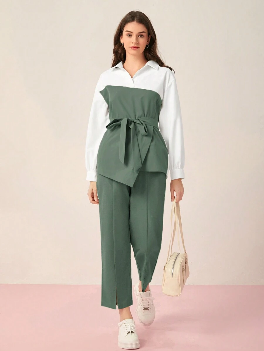 Mulvari 雙色不對稱下擺腰帶上衣和褲子 - 綠色 - 查看 1