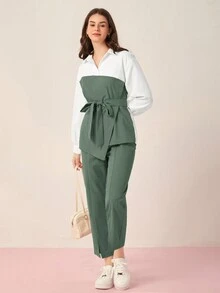 Mulvari 雙色不對稱下擺腰帶上衣和褲子 - 綠色 - 查看 3