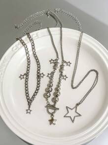 ROMWE Goth 3pcs Fashion Zinc Alloy Star Charm Necklace For Women For Daily Decoration - Silver - View 4